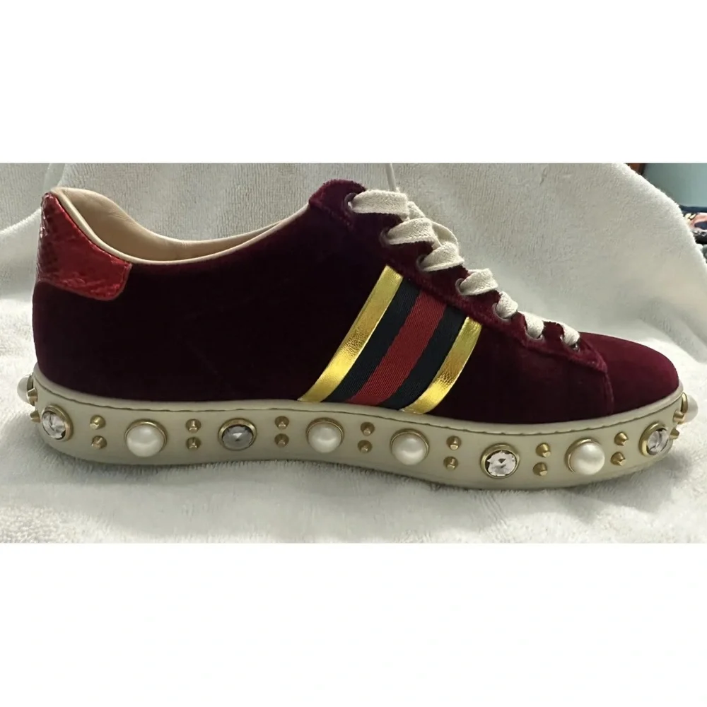 $1180 LkNEW GUCCI Burgundy Velvet New Ace Faux-Pearl Platform Sneakers RARE 37.5 - Picture 11 of 14